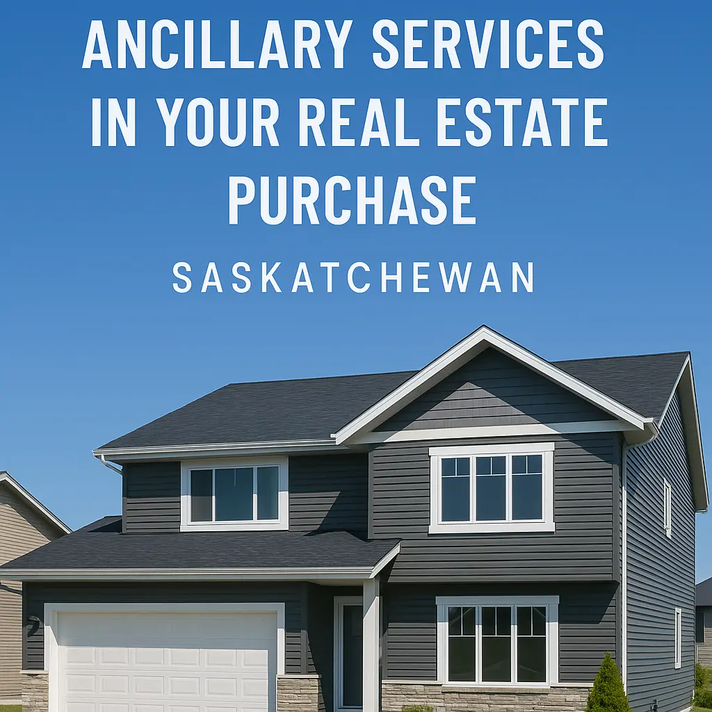 Modern Saskatchewan home under blue sky with overlay text highlighting ancillary services in real estate purchases.